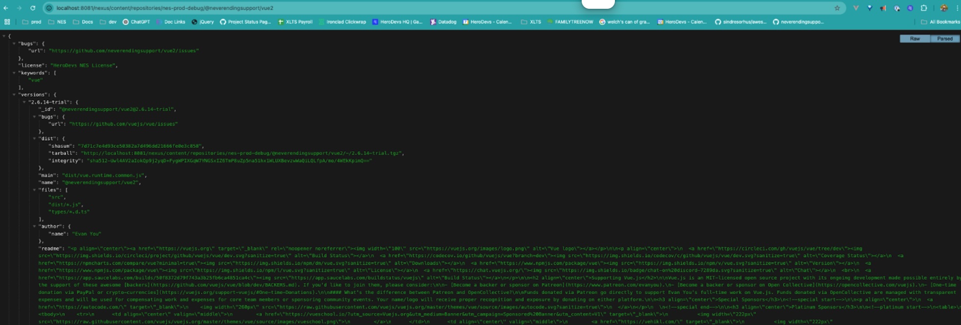 Sonatype Nexus 2 package listing page showing only trial versions of packages when incorrect credentials are provided, with Vue 2.7.20 not appearing in the list